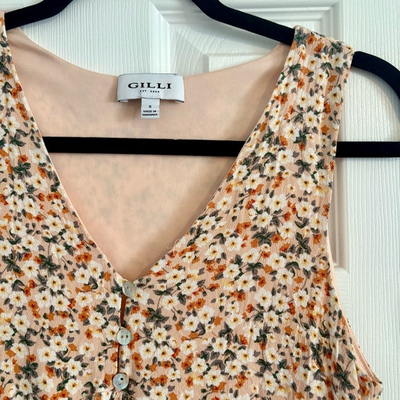 Peach Floral Button Front Sleeveless Babydoll Dress - Picture 2 of 5